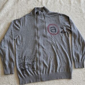 Desigual Gray Zip-Up Sweater with Artistic Accents